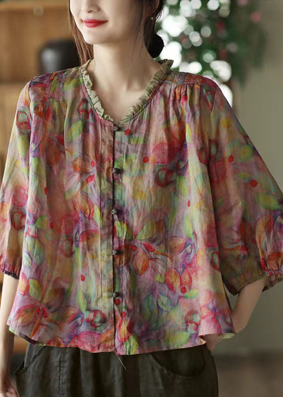 Color Stripes V Neck Ruffled Print Linen Blouse Top Half Sleeve