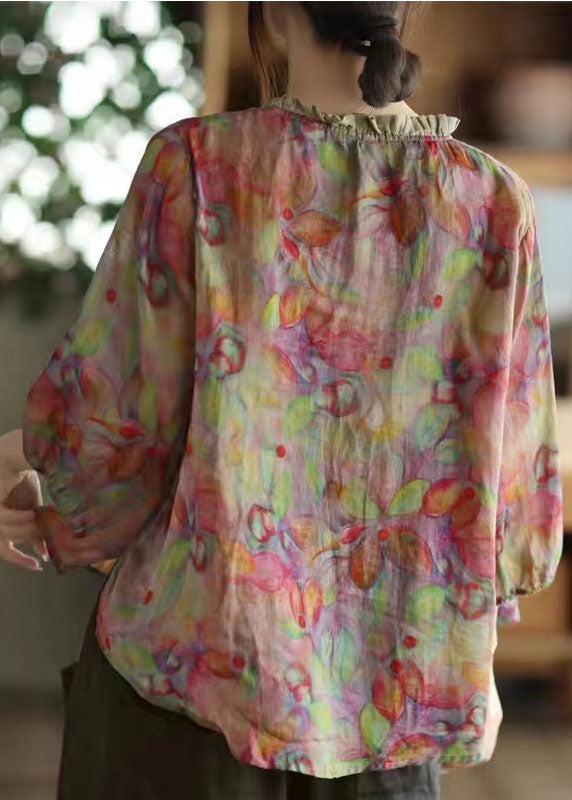 Brown Geometry V Neck Ruffled Print Linen Blouse Top Half Sleeve