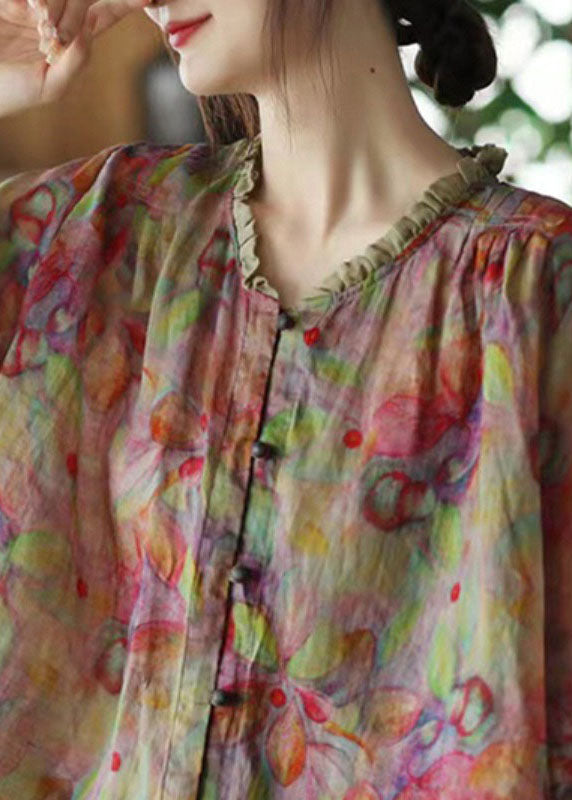 Color Stripes V Neck Ruffled Print Linen Blouse Top Half Sleeve