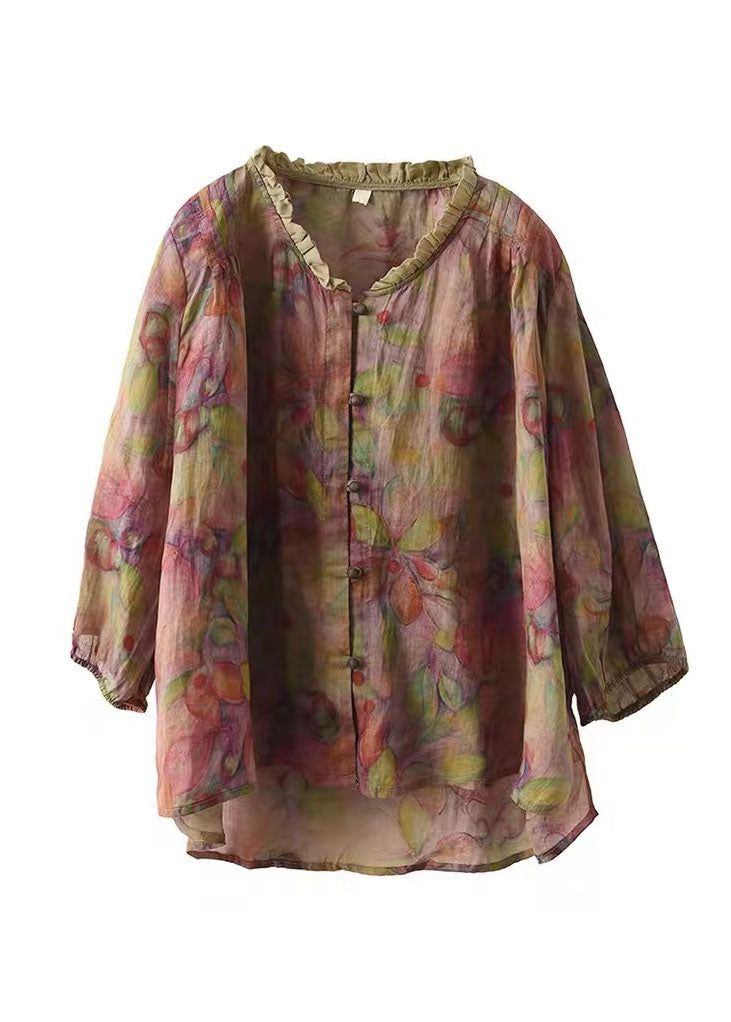 Color Stripes V Neck Ruffled Print Linen Blouse Top Half Sleeve