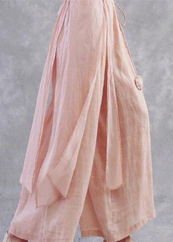 Pink Tie Waistasymmetrical Linen Wide Leg Pants Spring