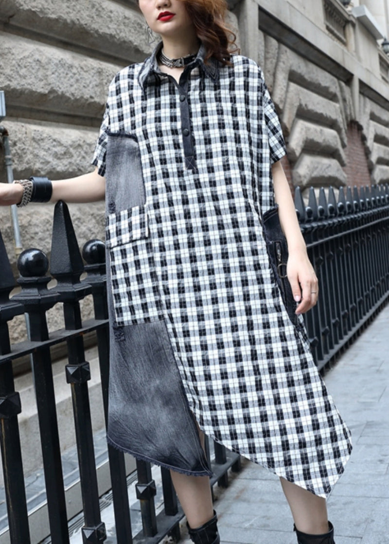 Plaid Button Patchwork Cotton Dress Summer