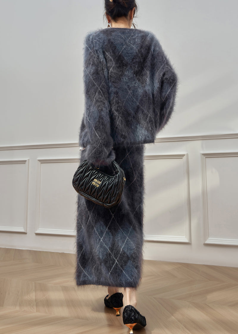 Plaid O Neck Cweaters and Skirts Ma Hai Mao Two Pieces Set Winter
