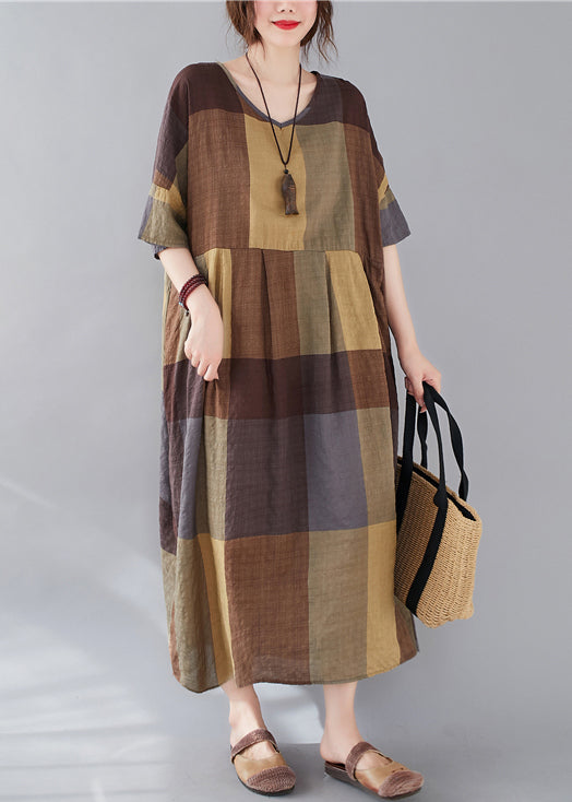 Plaid V Neck Patchwork Linen Long Dresses Summer
