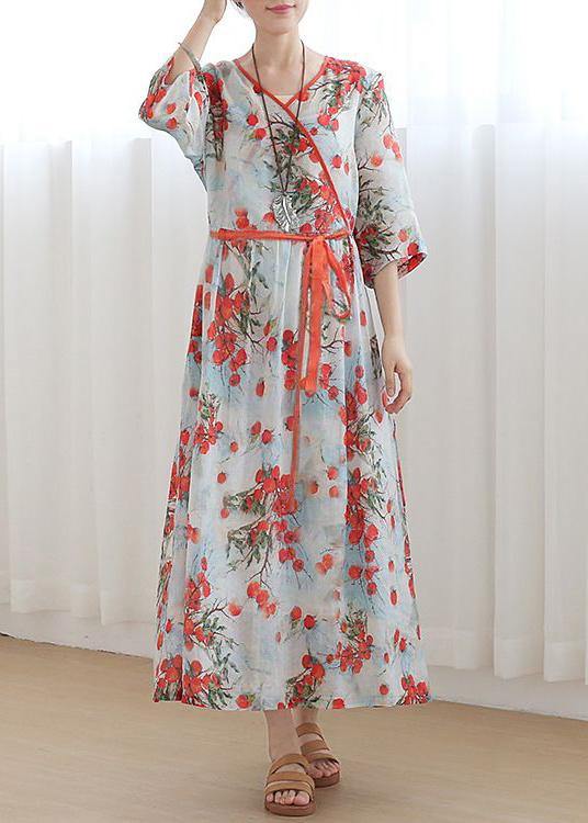 Print Oriental Linen Tie Waist Summer Mid Dress