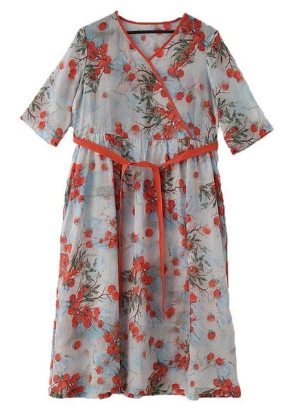 Print Oriental Linen Tie Waist Summer Mid Dress