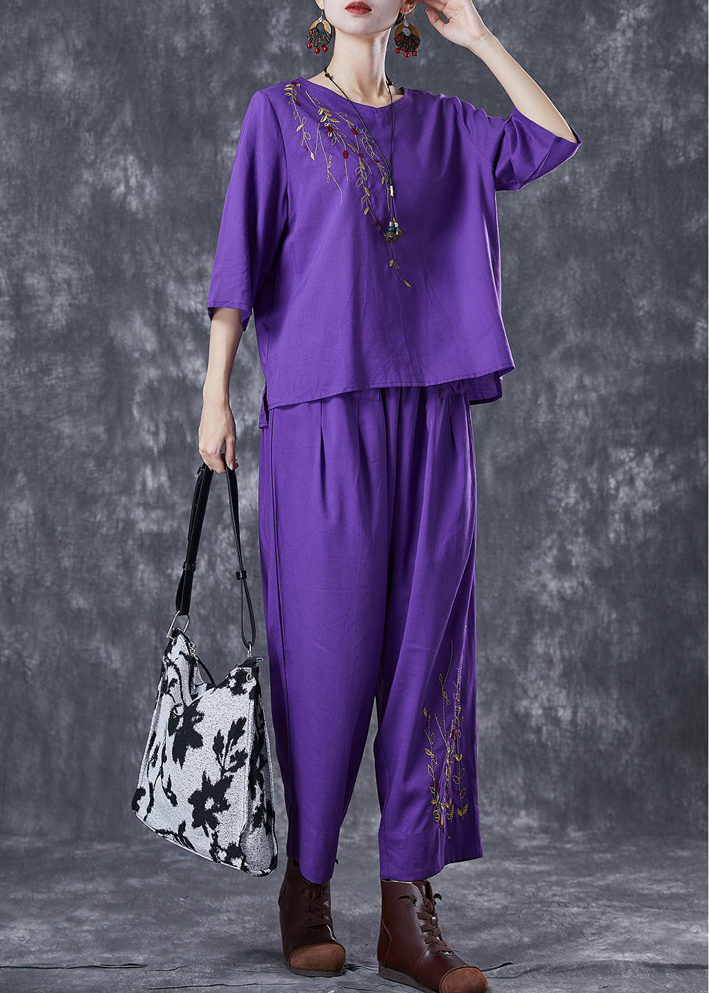 Purple Embroidered Linen Two Pieces Set Summer