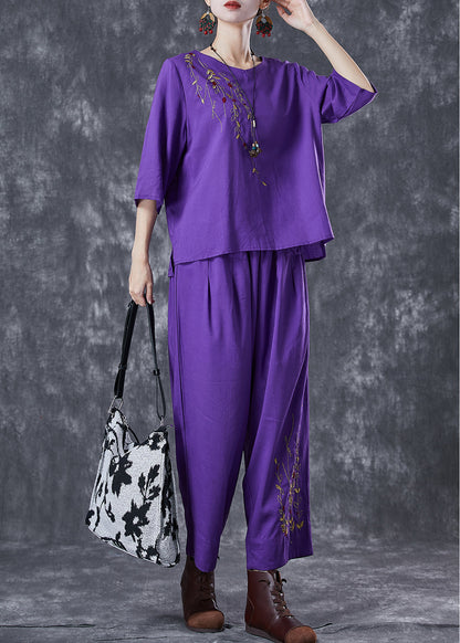 Purple Embroidered Linen Two Pieces Set Summer