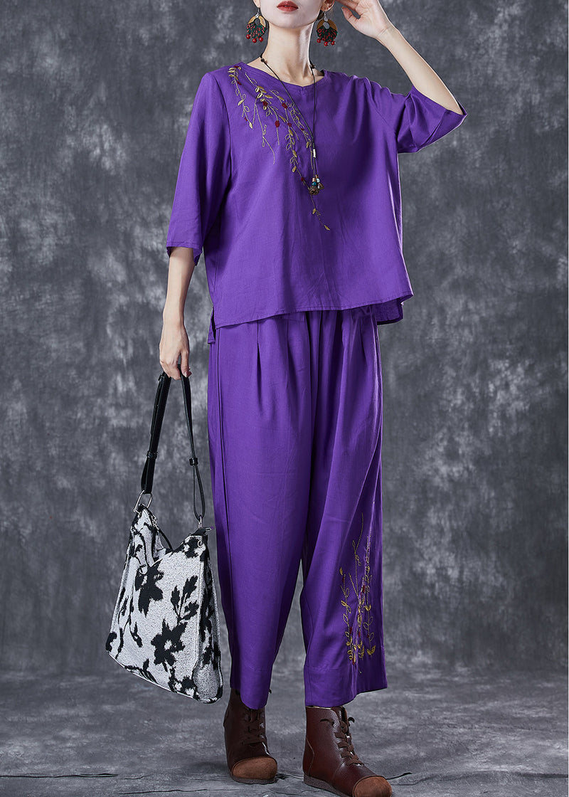Purple Embroidered Linen Two Pieces Set Summer