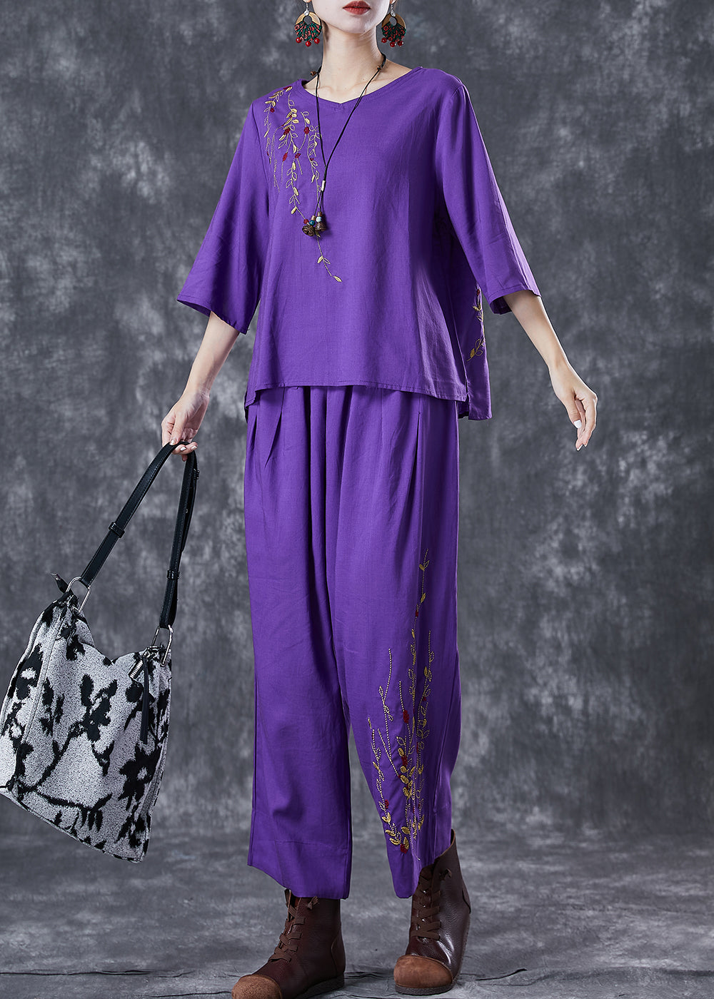 Purple Embroidered Linen Two Pieces Set Summer