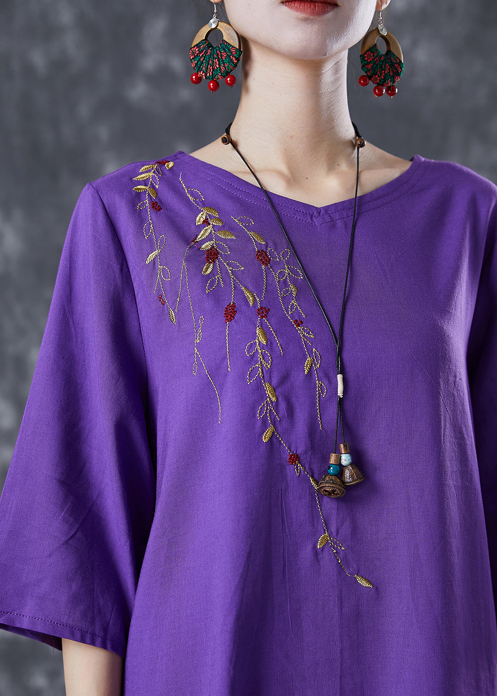 Purple Embroidered Linen Two Pieces Set Summer