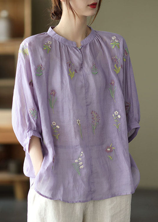 Purple Embroideried Loose Fall Three Quarter Sleeve Top