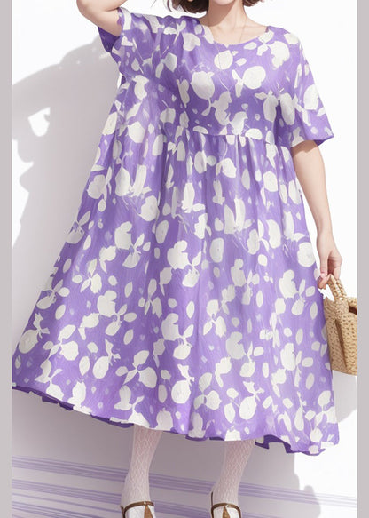 Purple O Neck Print Cotton Dress Summer
