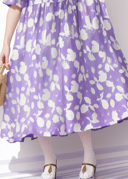 Purple O Neck Print Cotton Dress Summer