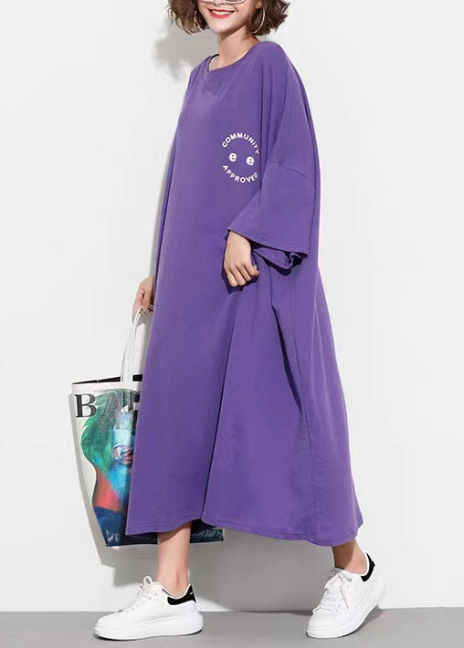Purple O Neck Print Patchwork Cotton Long Dress Summer