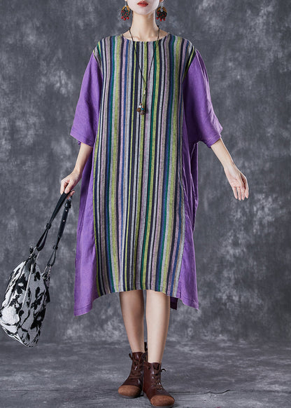 Purple Oversized Patchwork Striped Linen Dress Summer