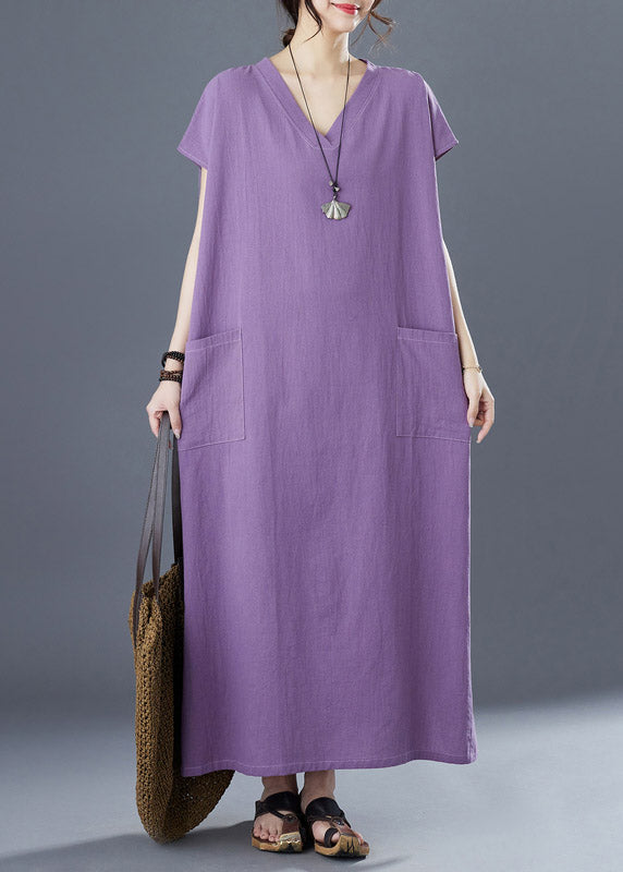 Purple V Neck Patchwork Long Dresses Short Sleeve
