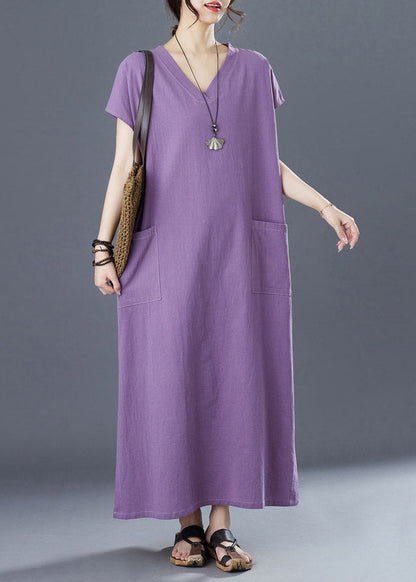 Purple V Neck Patchwork Long Dresses Short Sleeve