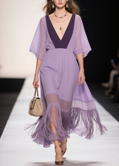 Purple V Neck Tassel Patchwork Cotton Dress Summer