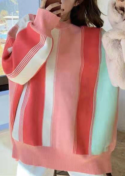 Rainbow O Neck Patchwork Cozy Cotton Knit Sweaters Spring