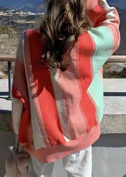 Rainbow O Neck Patchwork Cozy Cotton Knit Sweaters Spring