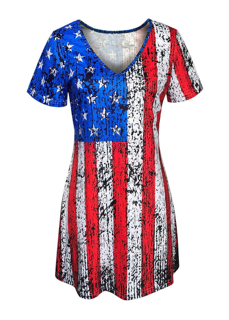 Red Blue V Neck Print Maxi Dresses for Summer