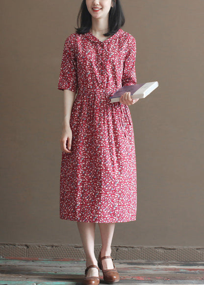 Red Cinched Print Button Cotton Long Dress Half Sleeve