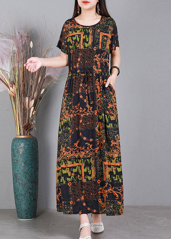 Red O-neck Cinched Print Drawstring Silk Long Dresses Short Sleeve