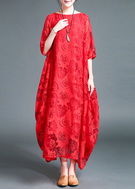 Red O-neck Lace Holiday Maxi Dress Summer