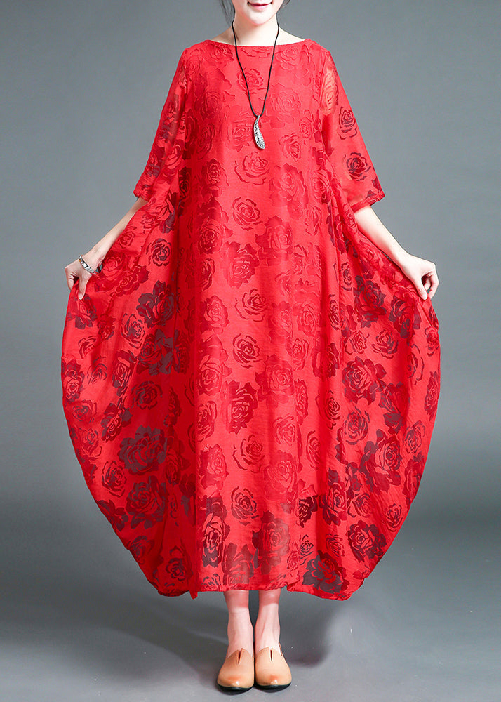 Red O-neck Lace Holiday Maxi Dress Summer