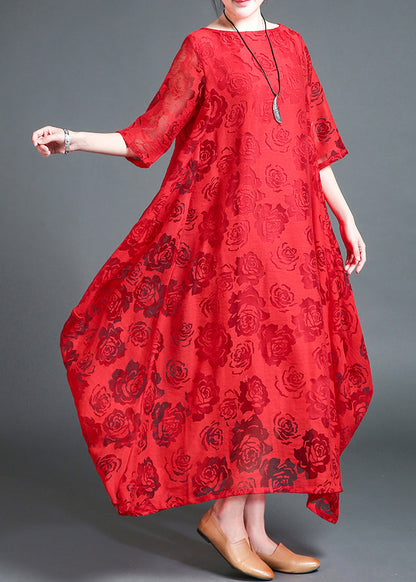 Red O-neck Lace Holiday Maxi Dress Summer