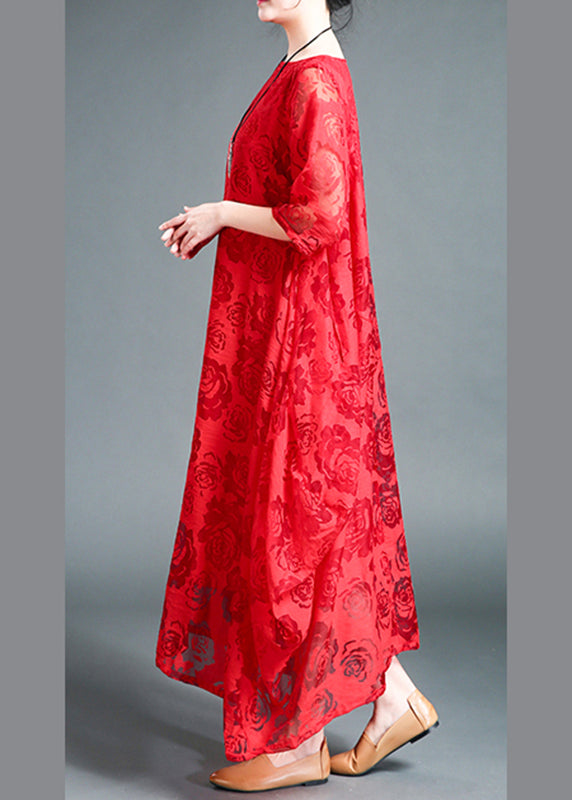 Red O-neck Lace Holiday Maxi Dress Summer