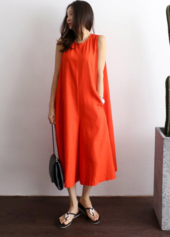 Red O-neck Pockets Jumpsuit Pants Summer