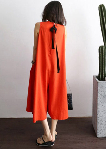 Red O-neck Pockets Jumpsuit Pants Summer