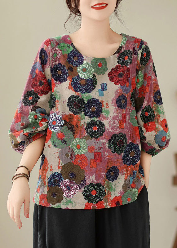 Red O Neck Print Cotton T Shirts Top Long Sleeve