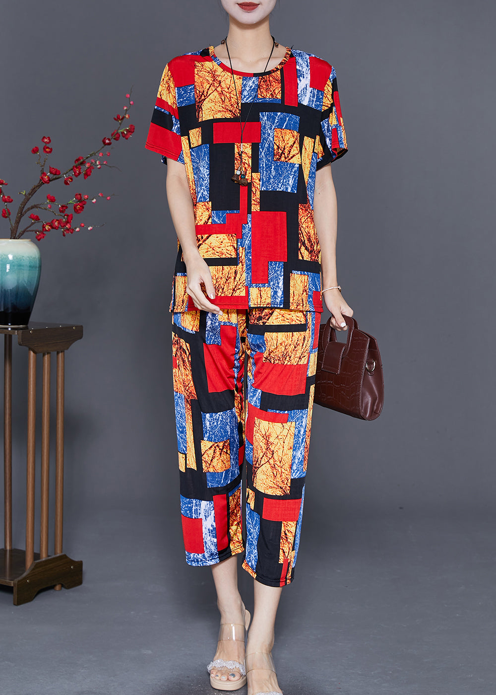 Red O-neck Print Ice Silk Two Pieces Set Summer