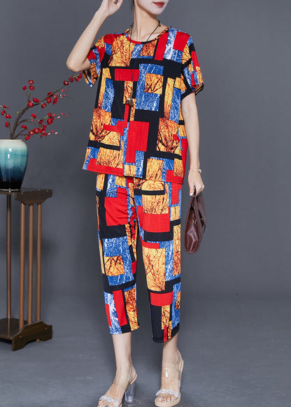 Red O-neck Print Ice Silk Two Pieces Set Summer