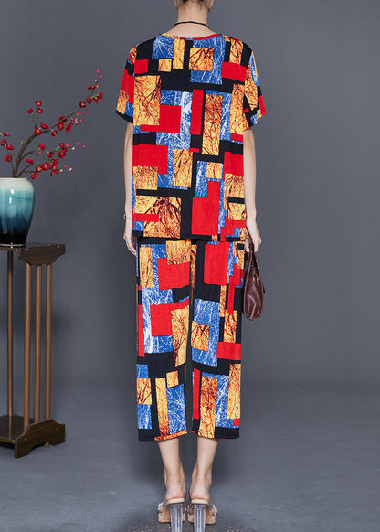 Red O-neck Print Ice Silk Two Pieces Set Summer
