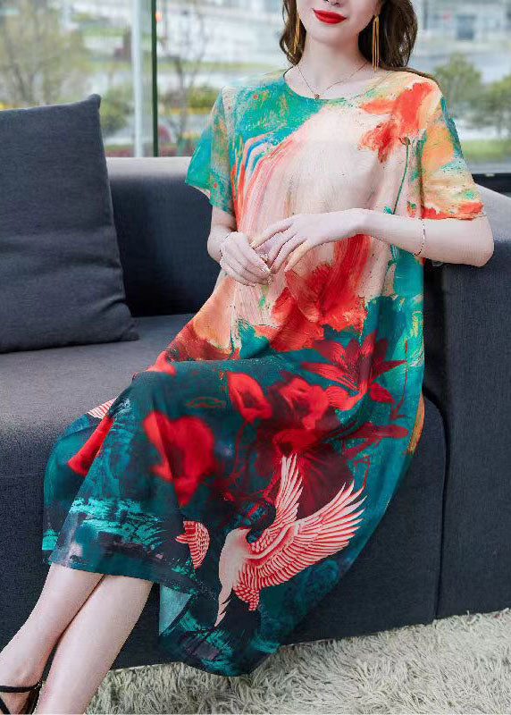 Red O Neck Print Patchwork Chiffon Dresses Summer