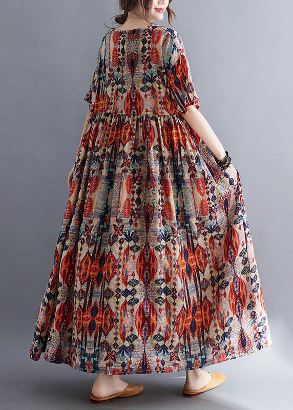 Red O-neck Print Patchwork Cotton Long Dresses Summer