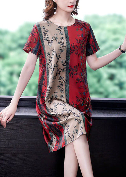 Red O-neck Print Slim Fit Silk Mid Dress Summer