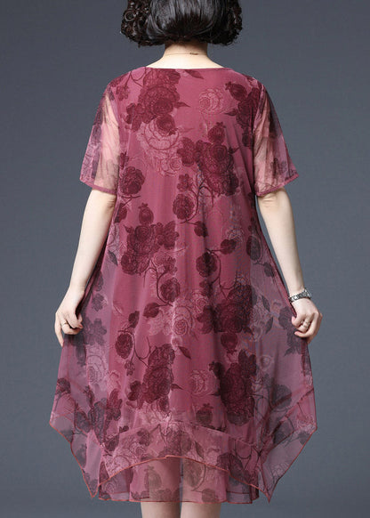 Red O-neck Print Tulle Vacation Dress Short Sleeve