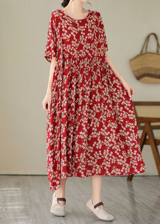 Red O Neck Print Wrinkled Patchwork Chiffon Dresses Summer