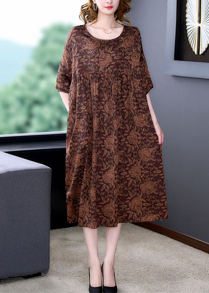 Red O Neck Print Wrinkled Patchwork Silk Dress Summer
