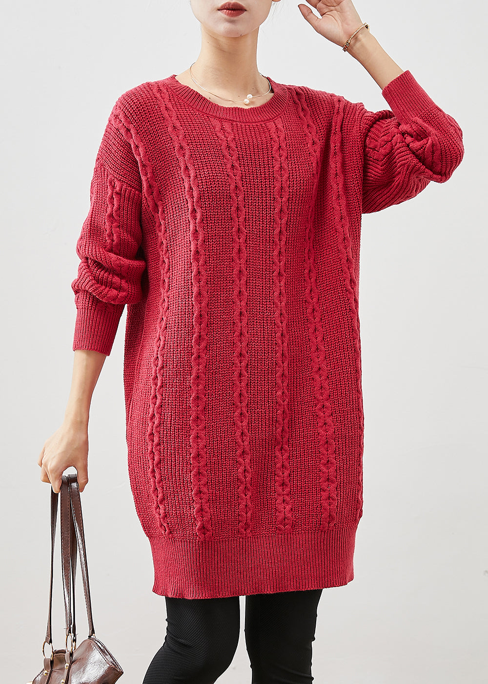 Red O-neck Warm Cable Knit Dress Winter