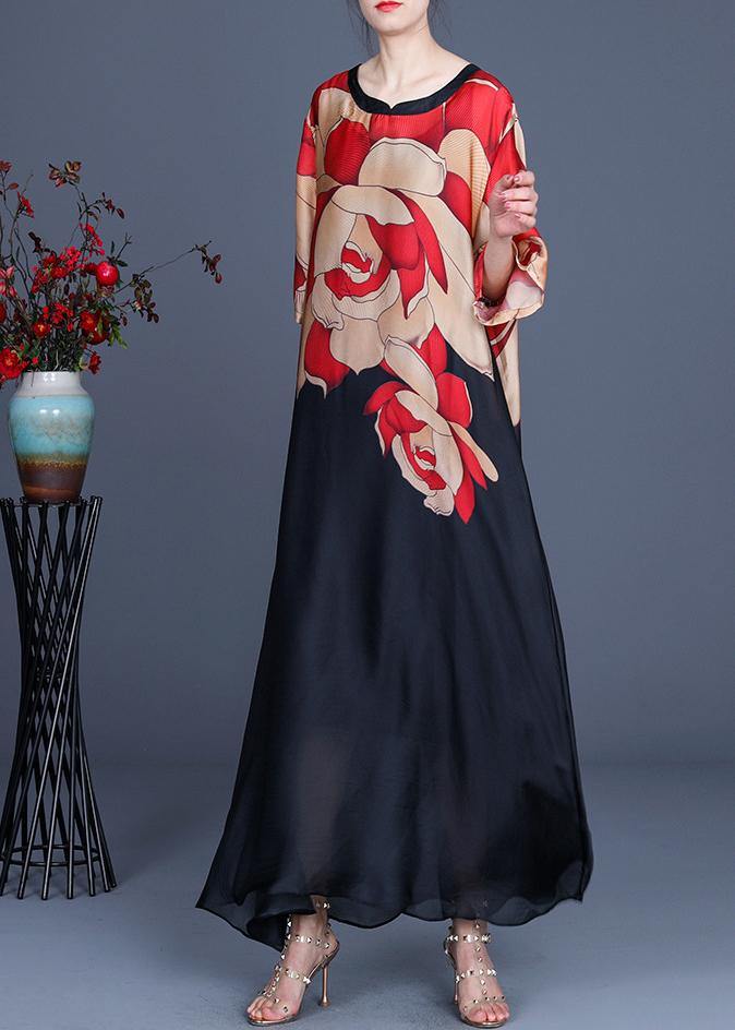 Flower and Bird Pattern Print O-neck Chiffon Summer Dress