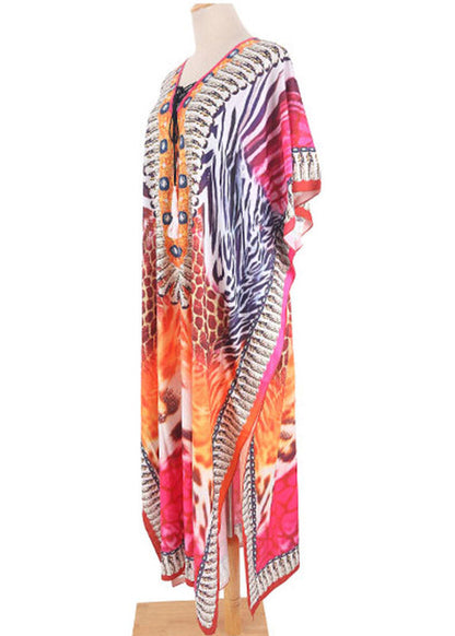 Red Print Side Open Maxi Holiday Dress Short Sleeve