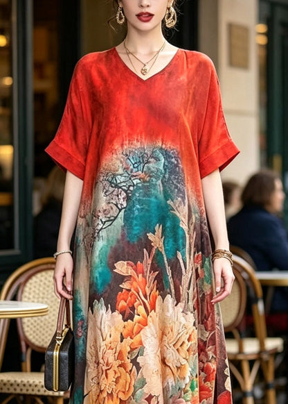 Red Print Silk Maxi Dresses Short Sleeve