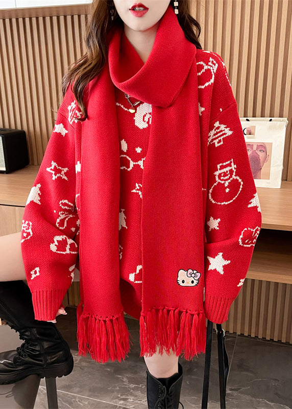 Red Thick Print Cotton Knit Sweater Long Sleeve