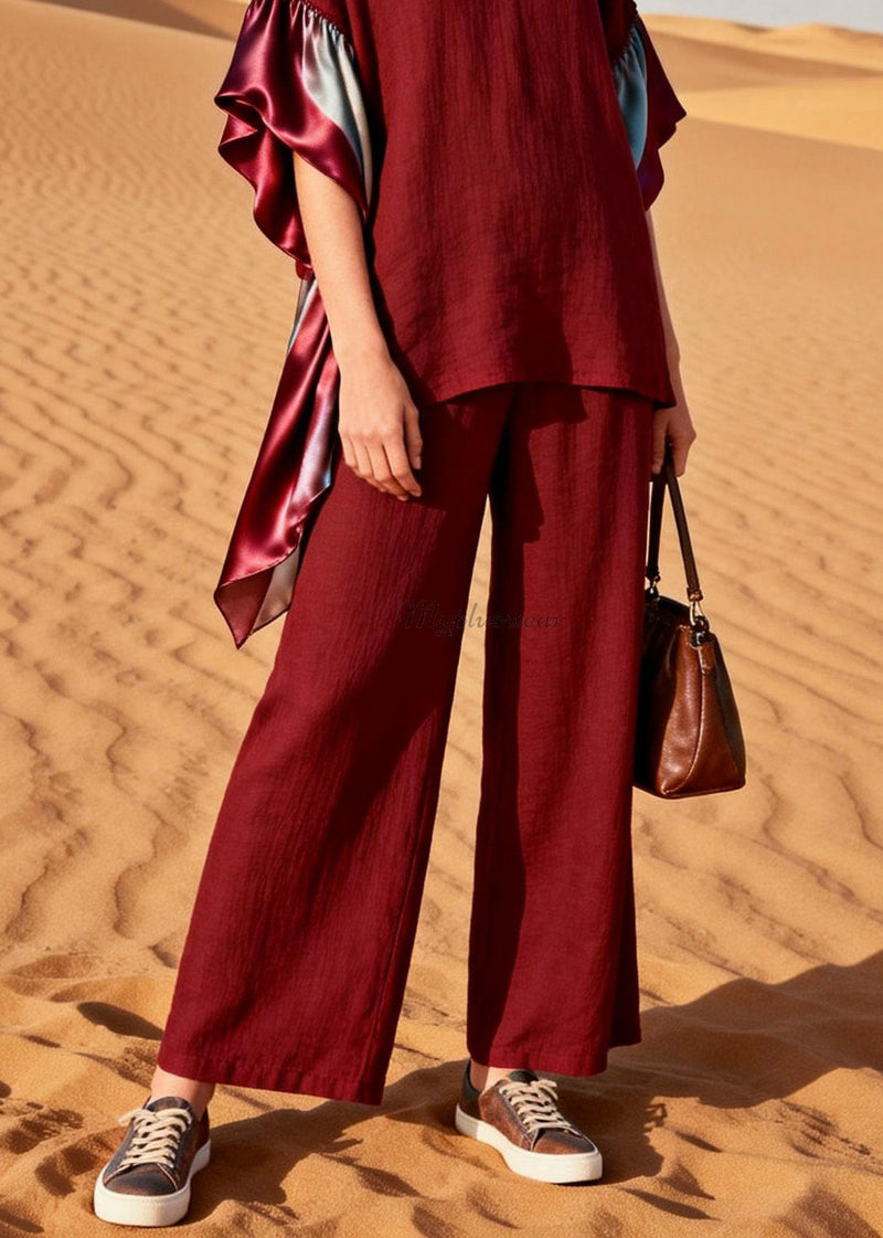 Red V Neck Patchwork Linen Silk Two Pieces Set Summer